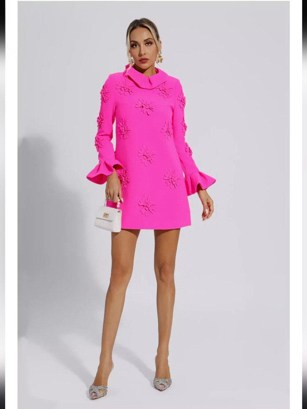 Hot Pink 3D Floral Applique Turtleneck A-line Shift Dress Bell Sleeves Sz.S - Picture 4 of 16